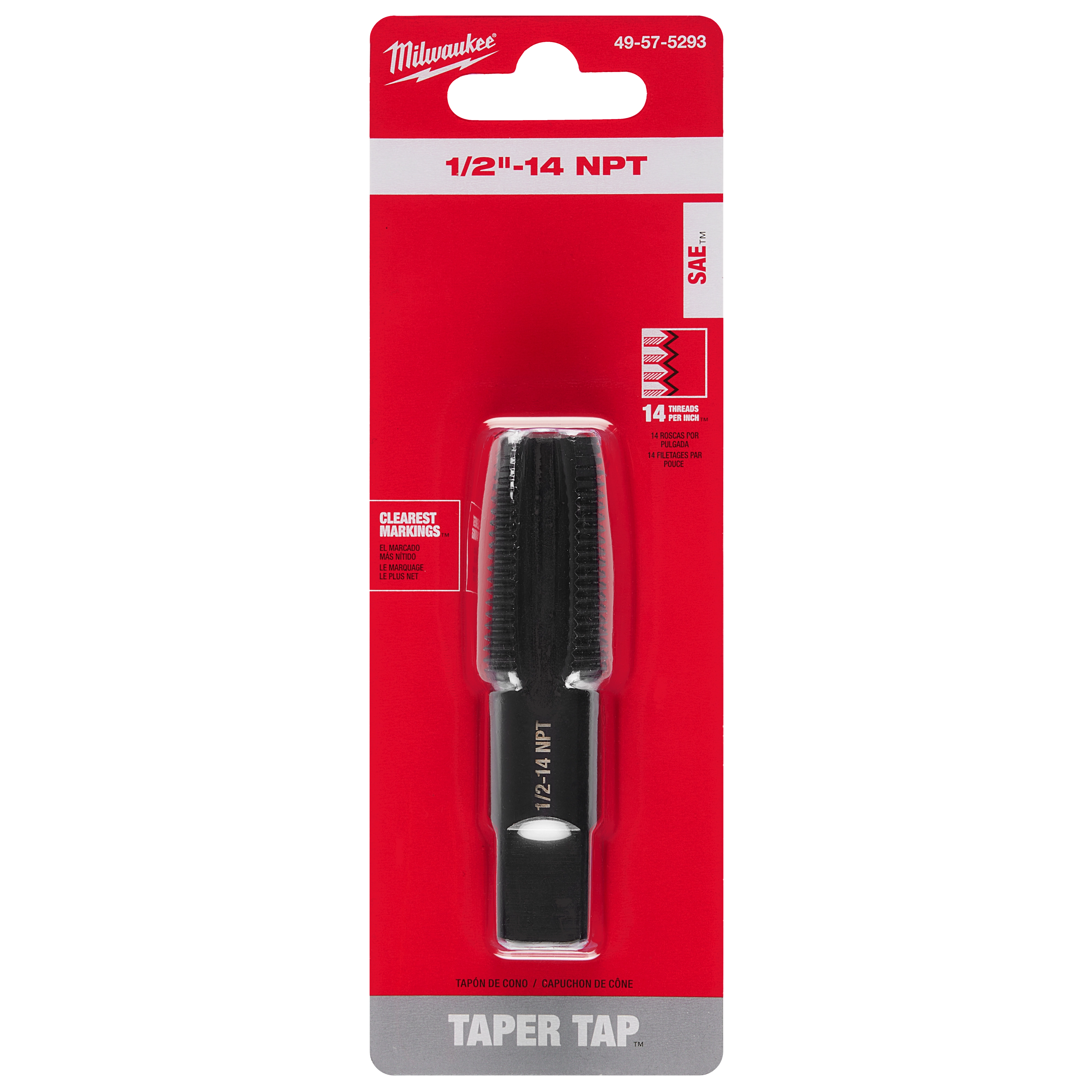 Packaging for a 1/2"-14 NPT Straight Flute Taper Tap. The tap is shown inside a red and gray blister pack, labeled with product information.