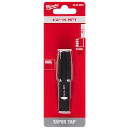 Packaging for a 1/2"-14 NPT Straight Flute Taper Tap. The tap is shown inside a red and gray blister pack, labeled with product information.
