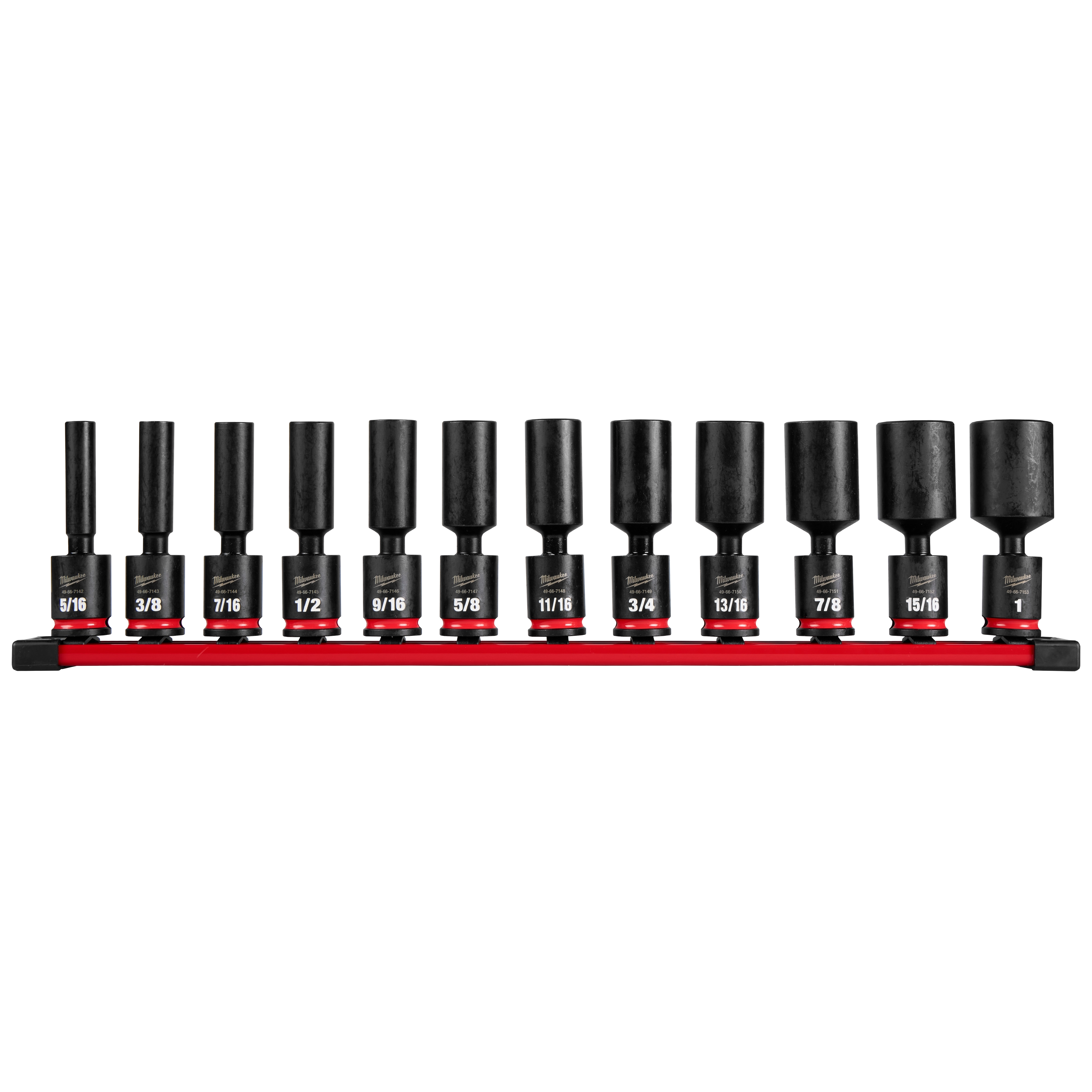 12PC SHOCKWAVE Impact Duty 3/8" Drive 6 Point SAE Deep Swivel Socket Set arranged on a red metal holder includes sockets in various sizes engraved with measurements: 5/16, 3/8, 7/16, 1/2, 9/16, 5/8, 11/16, 3/4, 13/16, 7/8, 15/16, and 1.