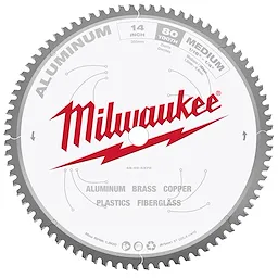 Milwaukee 14-Inch Aluminum Cutting Circular Saw Blade with 80 teeth, suitable for cutting aluminum, brass, copper, plastics, and fiberglass.