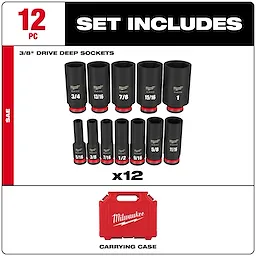 Milwaukee 12-Piece 3/8" Drive SAE Deep Socket Set includes twelve black sockets ranging from 5/16" to 1", and comes with a red Milwaukee carrying case.