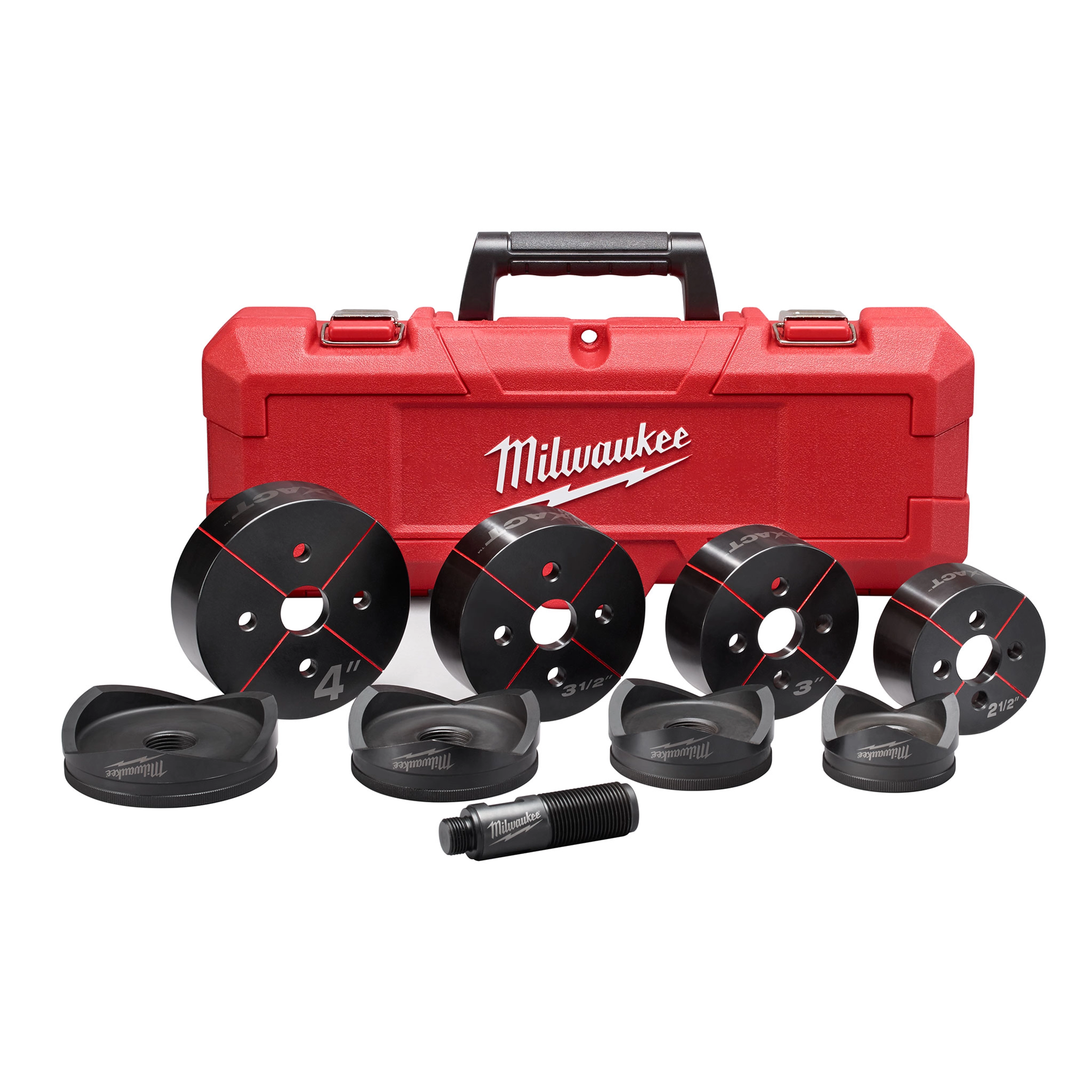 Milwaukee Exact 2 1/2" to 4" Knockout Set includes various sized knockout punches, dies, and a draw stud. The components are arranged in front of a red carrying case with the Milwaukee logo on it. The set is designed for making precise holes in metal.