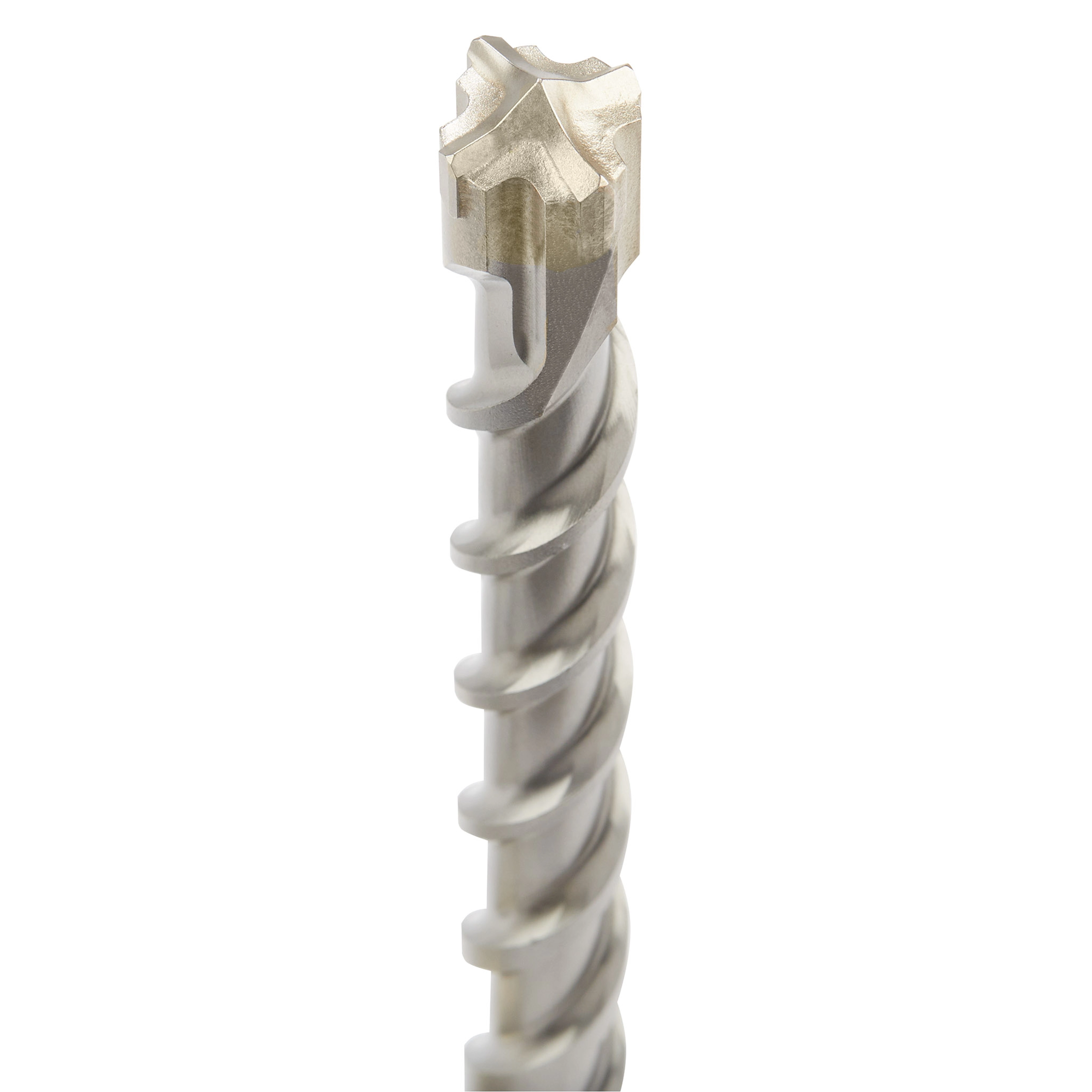 SDS Plus MX4 3/4" x 8" x 10" drill bit with a spiral flute design and a four-cutter carbide tip for drilling concrete.