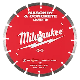 Image of a 12" Segmented Masonry & Concrete Diamond Blade from Milwaukee. The blade has a red center with the Milwaukee logo, segmented edges, and is labeled for use on concrete, brick, block, stone, and roof tile. It can be used wet or dry and fits a 1" or 20 mm arbor.
