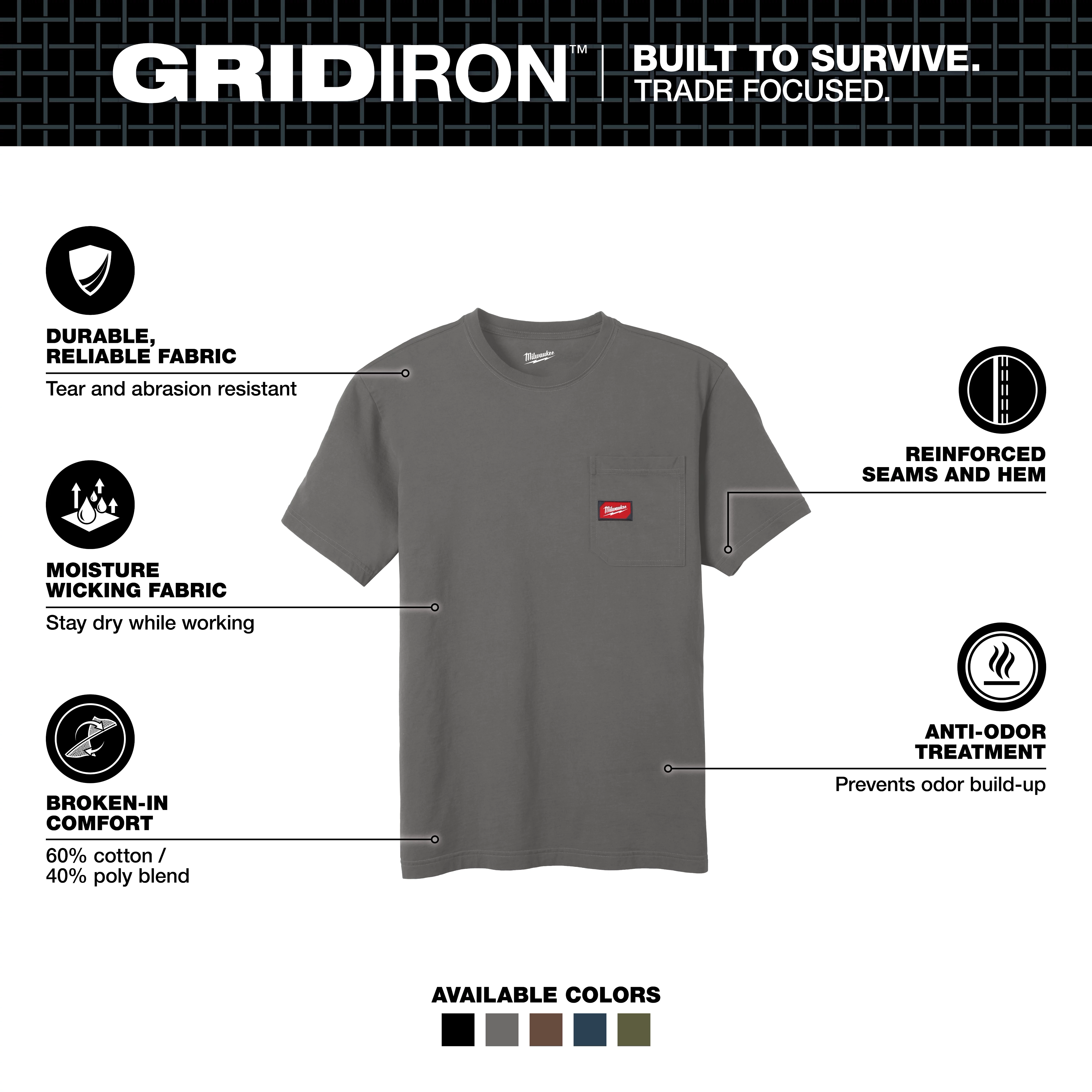 GRIDIRON Pocket T-Shirt - Short Sleeve with durable fabric, moisture-wicking, reinforced seams, anti-odor treatment, and 60/40 cotton-poly blend.