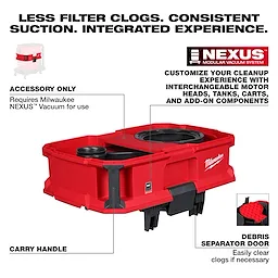 The image shows the NEXUS™ Dedicated Debris Separator by Milwaukee. This red accessory fits the NEXUS™ vacuum system, offering a debris separator door for easy clog removal, a carry handle, and customizable cleanup with interchangeable components. The text highlights its features and requirements for use.