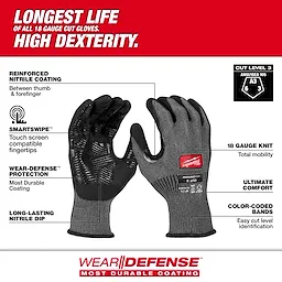 Milwaukee Cut Level 3 High Dexterity Nitrile Dipped Gloves w/ WEAR-DEFENSE Protection. Featuring "Longest Life of all 18 Gauge Cut Gloves. High Dexterity"