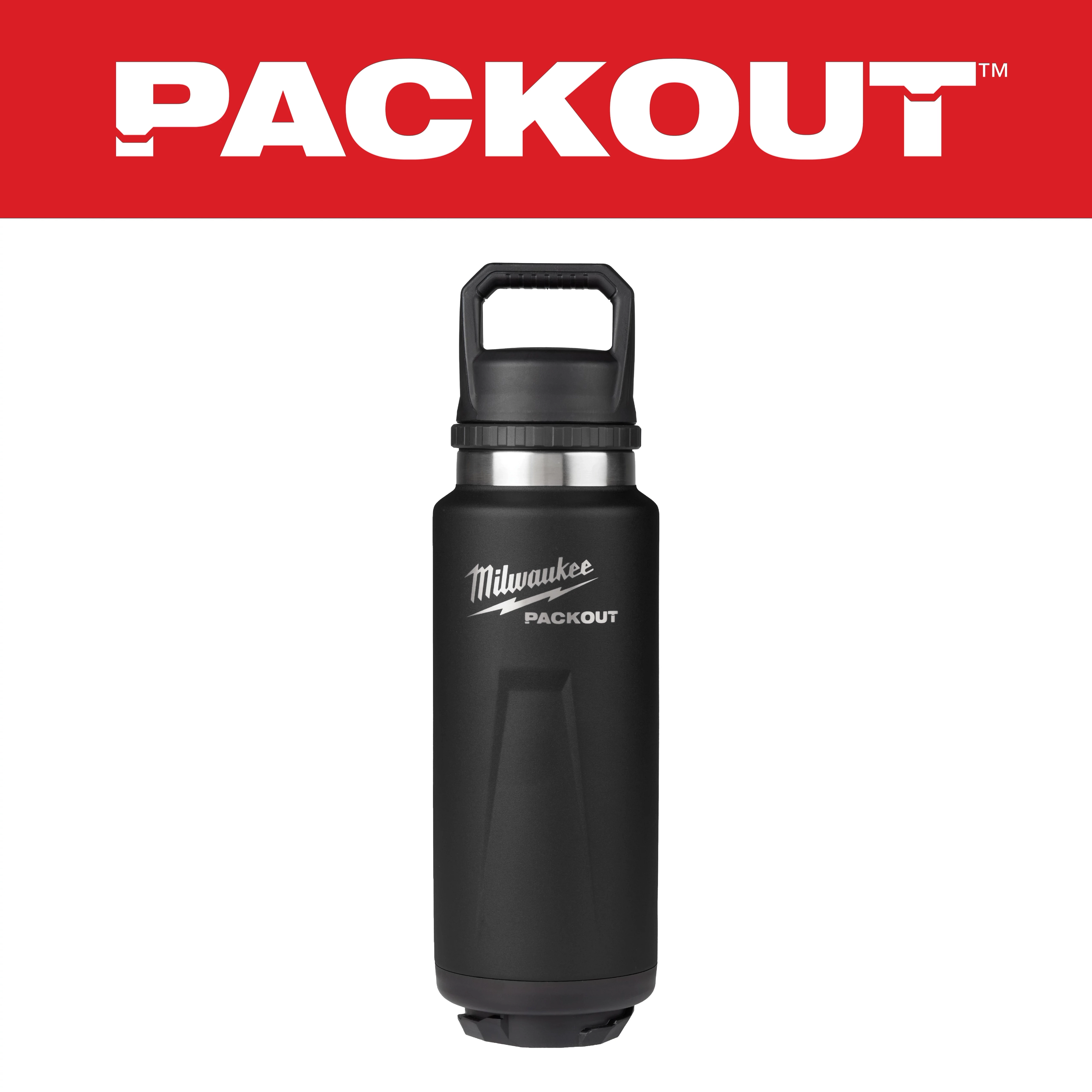 Black 36oz insulated bottle with chug lid from PACKOUT, featuring the Milwaukee logo on the front. Red banner at the top with PACKOUT text.