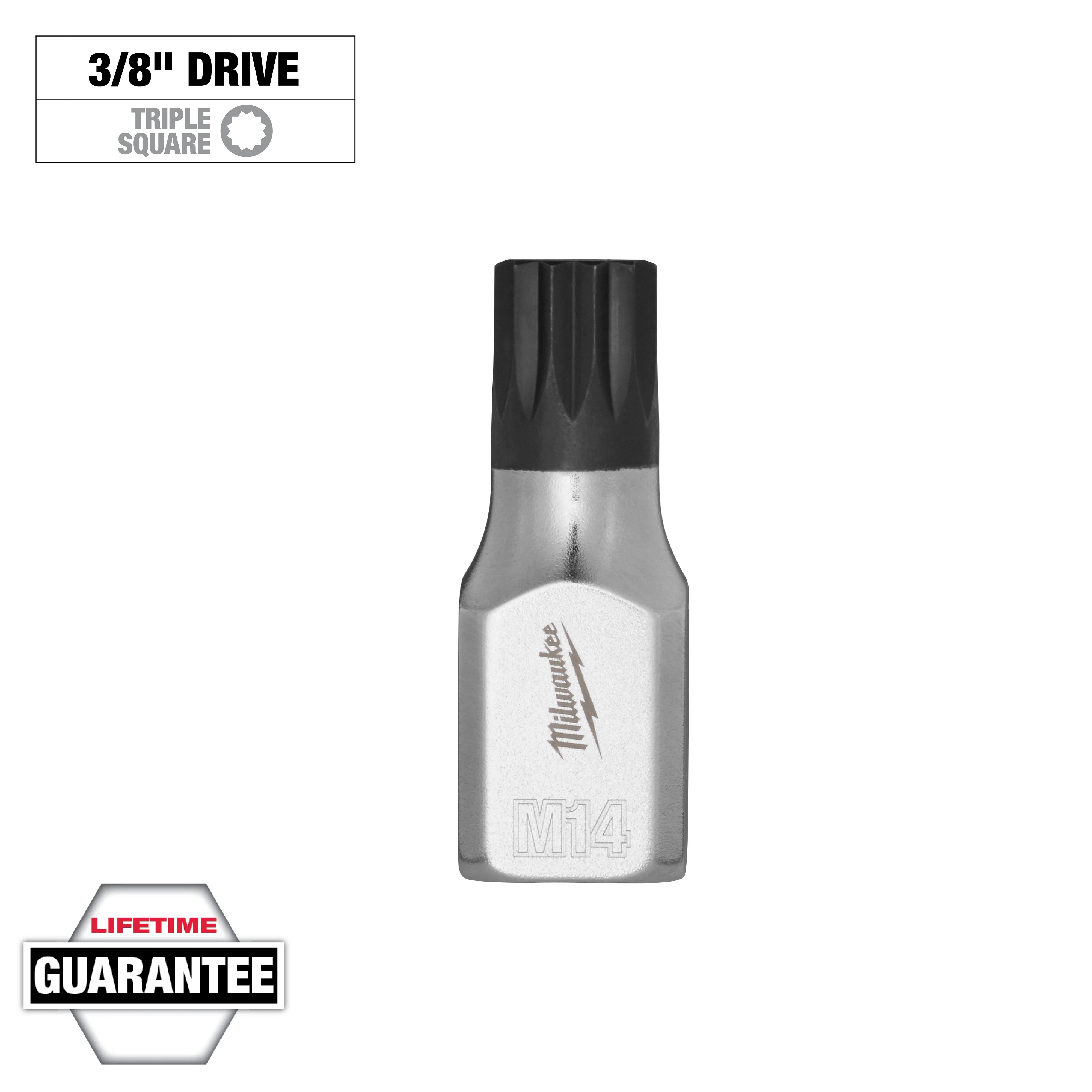 3/8'' Drive 14mm Triple Square Bit Socket with chrome finish and black tips; includes Lifetime Guarantee text and symbols.