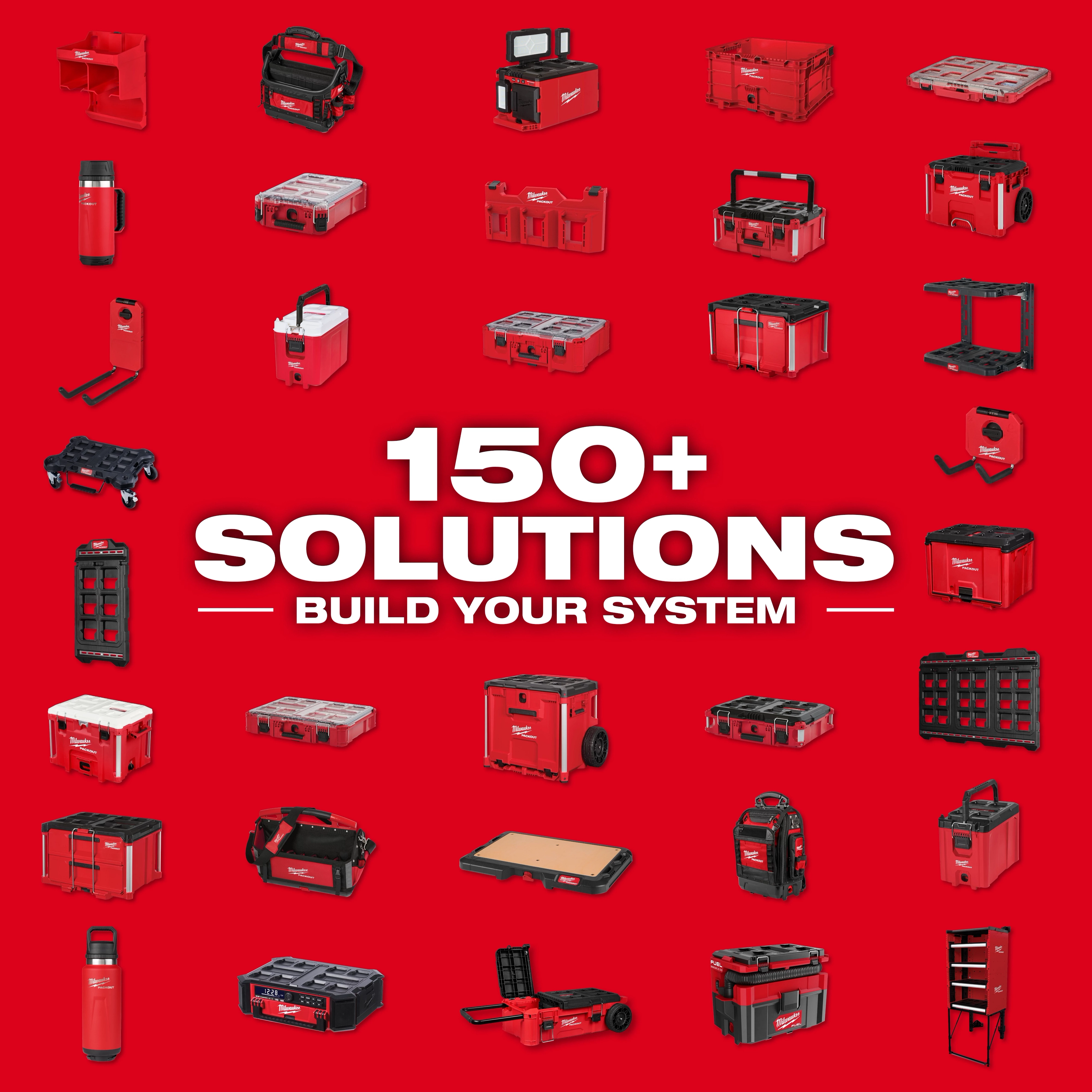 Red PACKOUT storage, totes, organizers, tool boxes, coolers, hooks, racks, and work top arranged around “150+ Solutions” text.