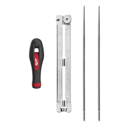 The 4pc 5/32” Saw Chain Sharpening Set includes a black and red handle, a metal file guide, and two long sharpening files. The handle is ergonomically designed for comfort, and the file guide has measurement markings for precision sharpening.