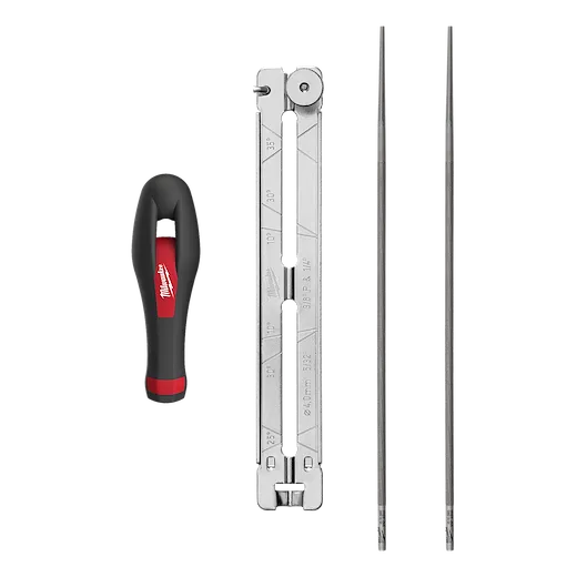 The 4pc 5/32” Saw Chain Sharpening Set includes a black and red handle, a metal file guide, and two long sharpening files. The handle is ergonomically designed for comfort, and the file guide has measurement markings for precision sharpening.