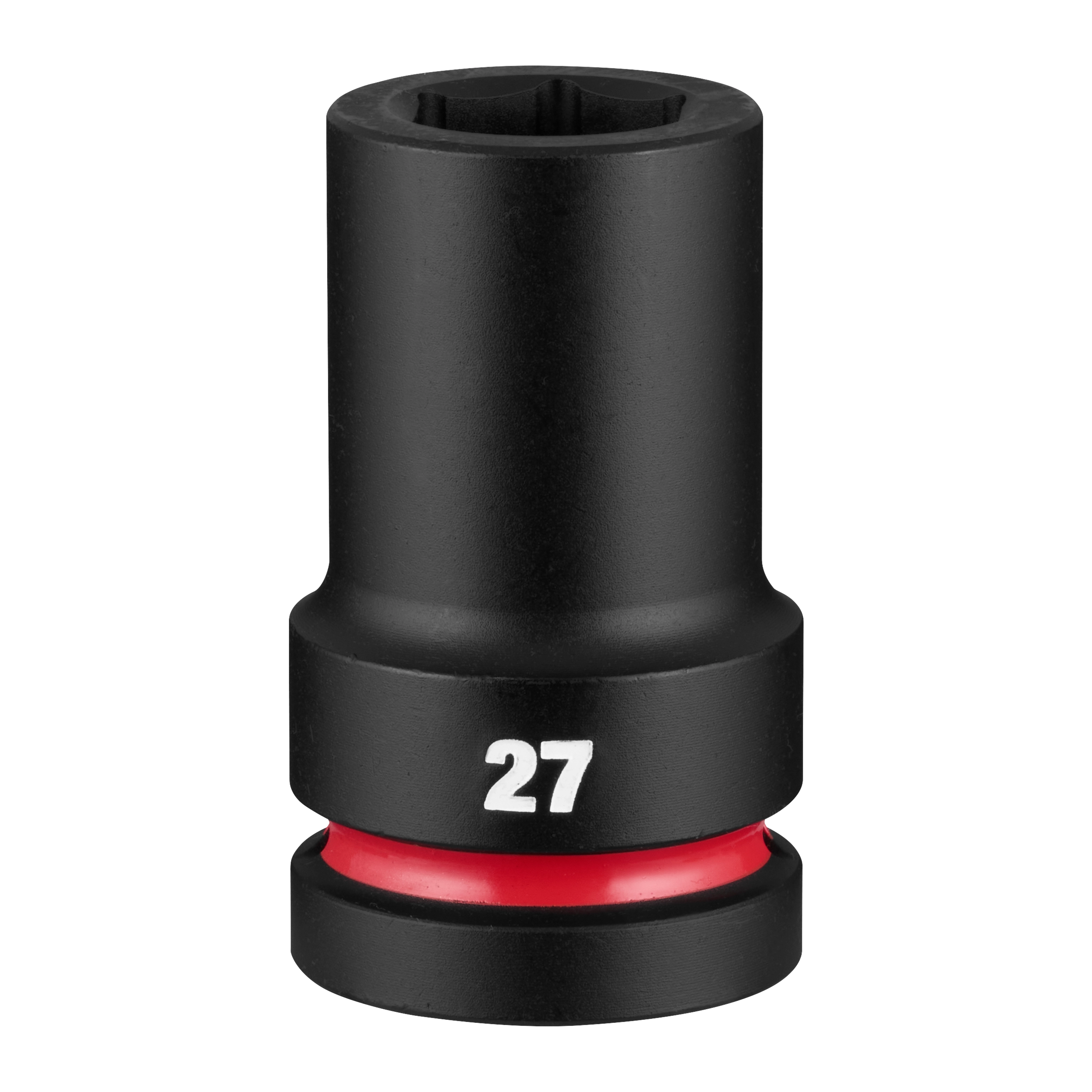 SHOCKWAVE Impact Duty 1" Drive 27mm Deep 6 Point Socket standing upright with 27 marking and red ring near base.