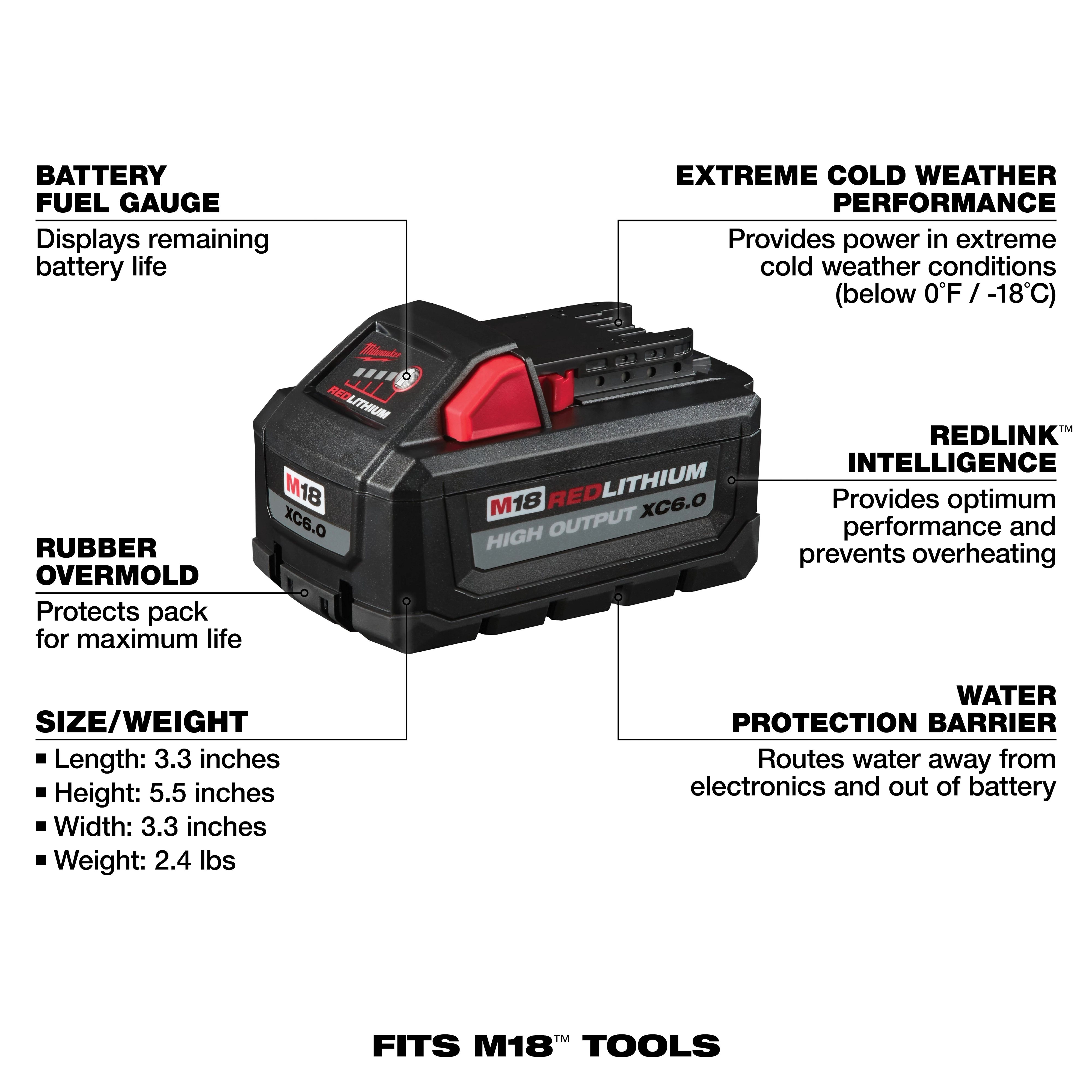 Milwaukee 48-11-1855 M18 REDLITHIUM HIGH OUTPUT XC5 Battery pack showing redesigned housing construction