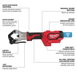Milwaukee M18™ FORCE LOGIC™ 750 MCM Dieless Crimper with features labeled. Includes auto distance control, manual dump button, crimp indicator LED, ONE-KEY™ compatibility, in-line center balanced grip, latch release, auto-dump, and 180° rotation for easy alignment. Red and black cordless handheld crimper tool.