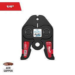 The image shows a Milwaukee M18 1/4" MaxiPro ZoomLock MAX tool for ACR copper tubing. It is black and red with labeling indicating its size and compatibility. A small coiled copper wire is also depicted, labeled "ACR Copper."