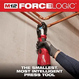 M12 FORCE LOGIC PRESS TOOL KIT w/ ONE KEY with 3/8", 3/4", & 7/8" Streamline ACR Press Jaws pressing copper pipes.