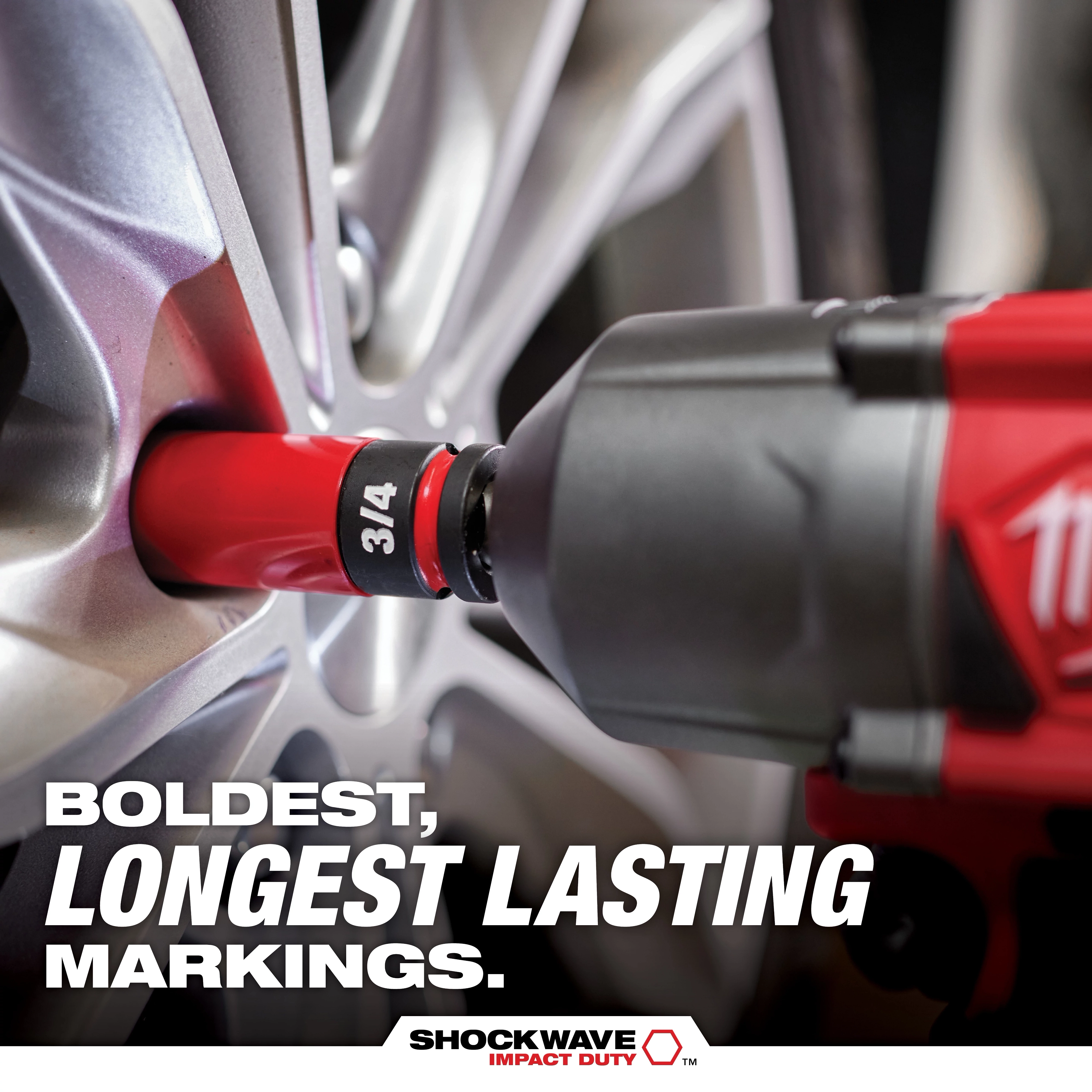 SHOCKWAVE Impact Duty 1/2 Drive SAE Lug Nut Wheel Sockets in use, featuring bold and long-lasting size markings.