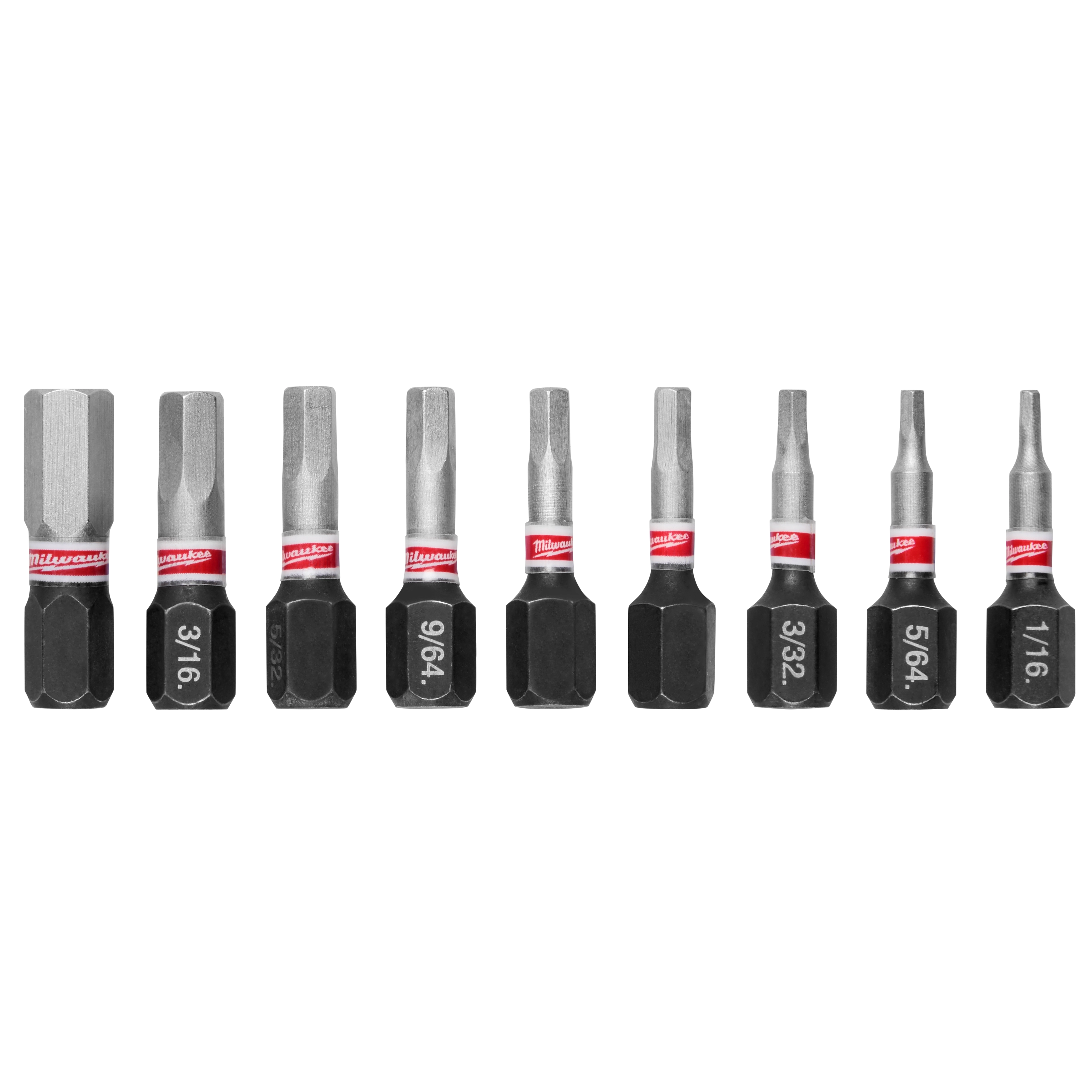 The image shows the SHOCKWAVE™ 1" Impact Duty Hex Insert Bit Set - 9PC. It contains nine hex bits of various sizes arranged in a straight line, each with a red band and the Milwaukee logo. Sizes include 1/16, 5/64, 3/32, 9/64, and 3/16 inches.