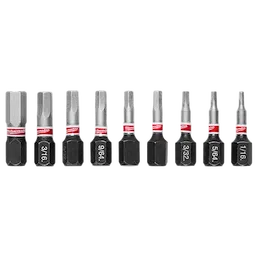 The image shows the SHOCKWAVE™ 1" Impact Duty Hex Insert Bit Set - 9PC. It contains nine hex bits of various sizes arranged in a straight line, each with a red band and the Milwaukee logo. Sizes include 1/16, 5/64, 3/32, 9/64, and 3/16 inches.