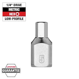 The image features a 1/4" Drive 5mm Low-Profile Hex Bit Socket with a metallic finish, labeled with the numeral "5". Lifetime guarantee noted.