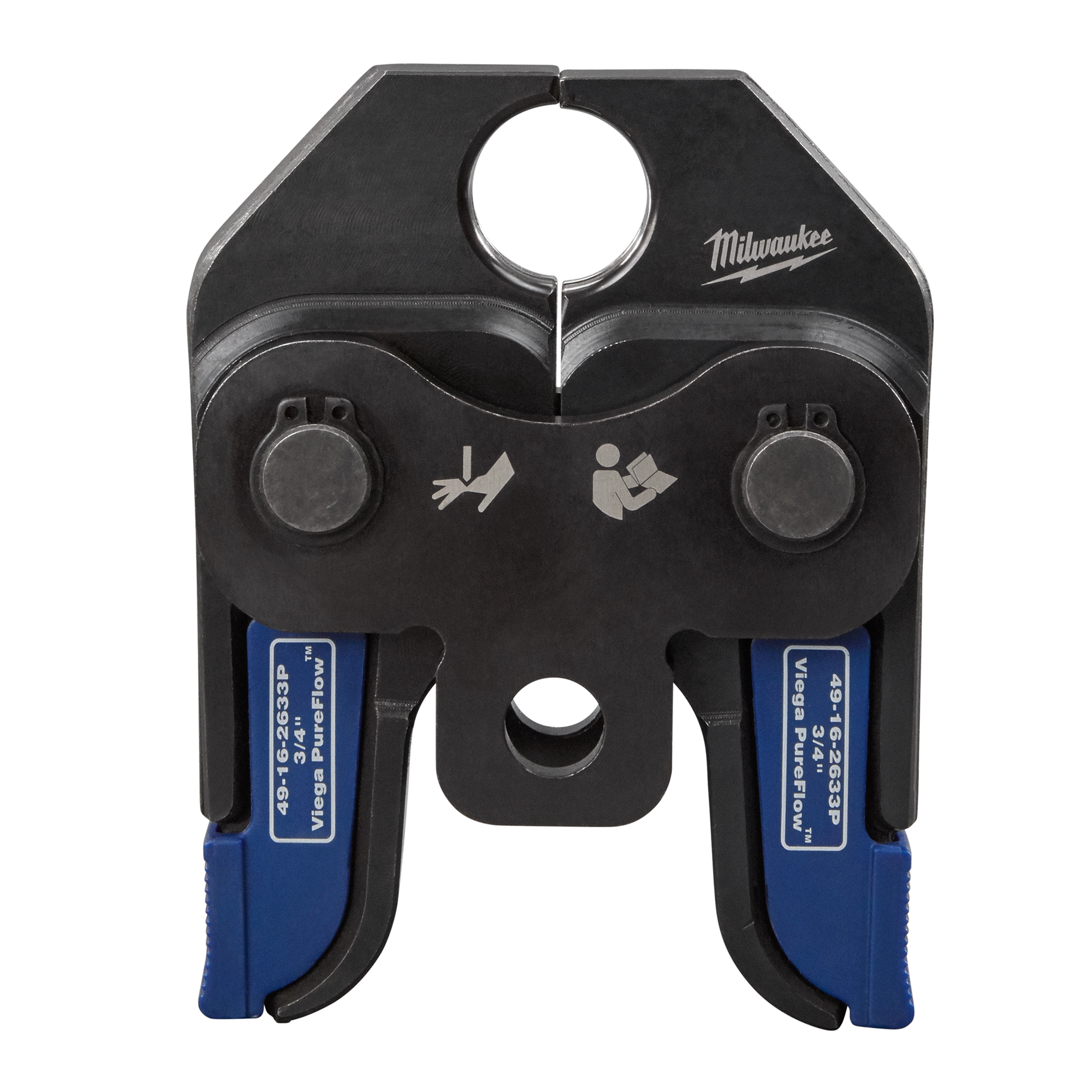 The M18™ Short Throw Press Tool with Viega PureFlow™ Jaws is a compact, black and blue press tool from Milwaukee designed for efficient pipe installation. It features two pressing jaws and instructional icons on the front.