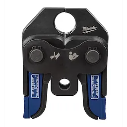 The M18™ Short Throw Press Tool with Viega PureFlow™ Jaws is a compact, black and blue press tool from Milwaukee designed for efficient pipe installation. It features two pressing jaws and instructional icons on the front.