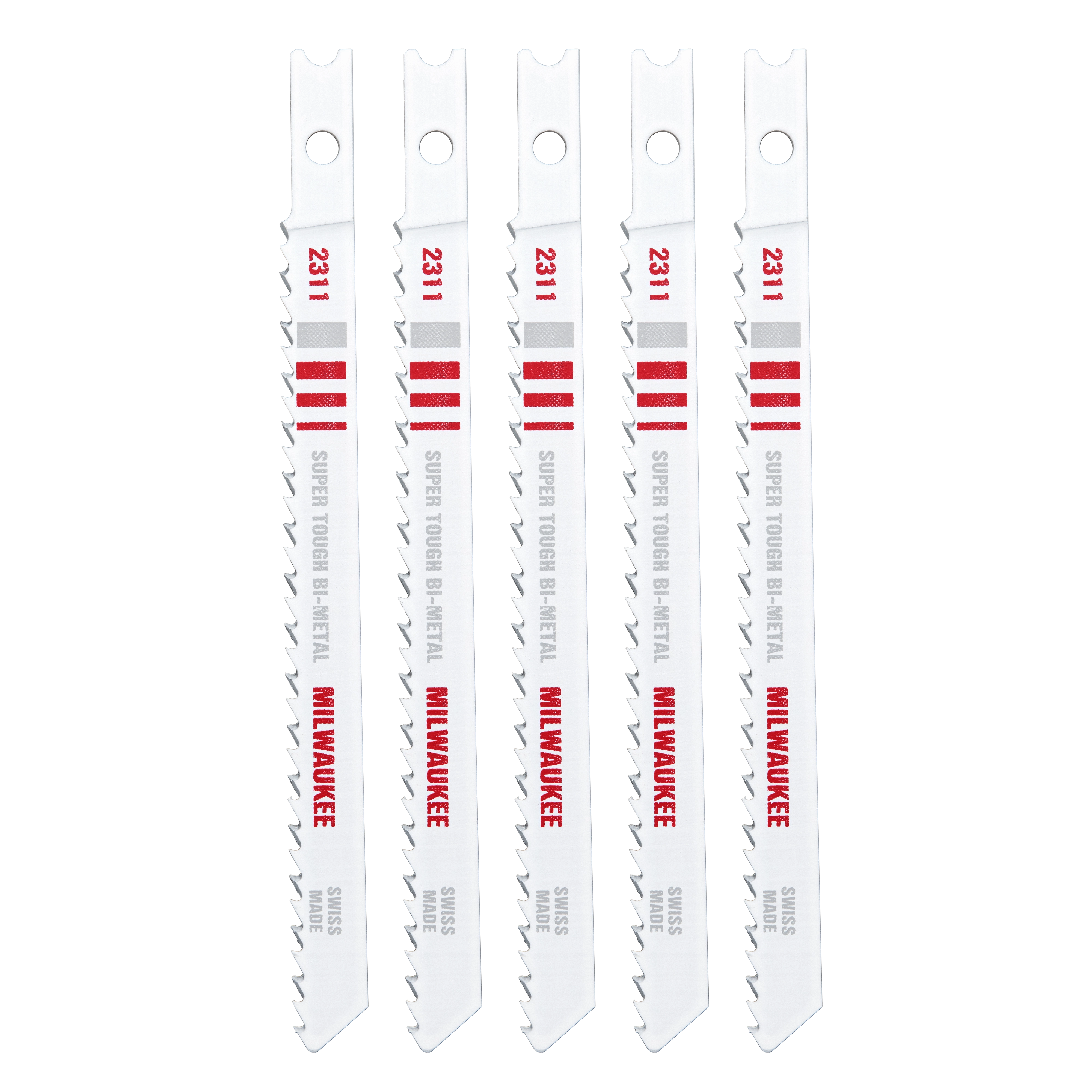 Five 4" 10TPI U-Shank Wood Bi-Metal Jig Saw Blades are arranged vertically, featuring a sharp-toothed edge and white bodies with red text.