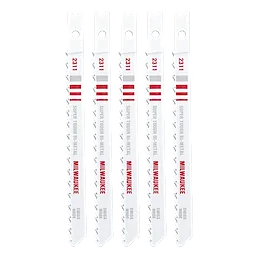Five 4" 10TPI U-Shank Wood Bi-Metal Jig Saw Blades are arranged vertically, featuring a sharp-toothed edge and white bodies with red text.
