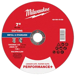 Red 7" x 1/16" x 7/8" Performance+ Metal Cut Off Wheel – Type 1 for cutting metal and stainless steel at max RPM 8,500.