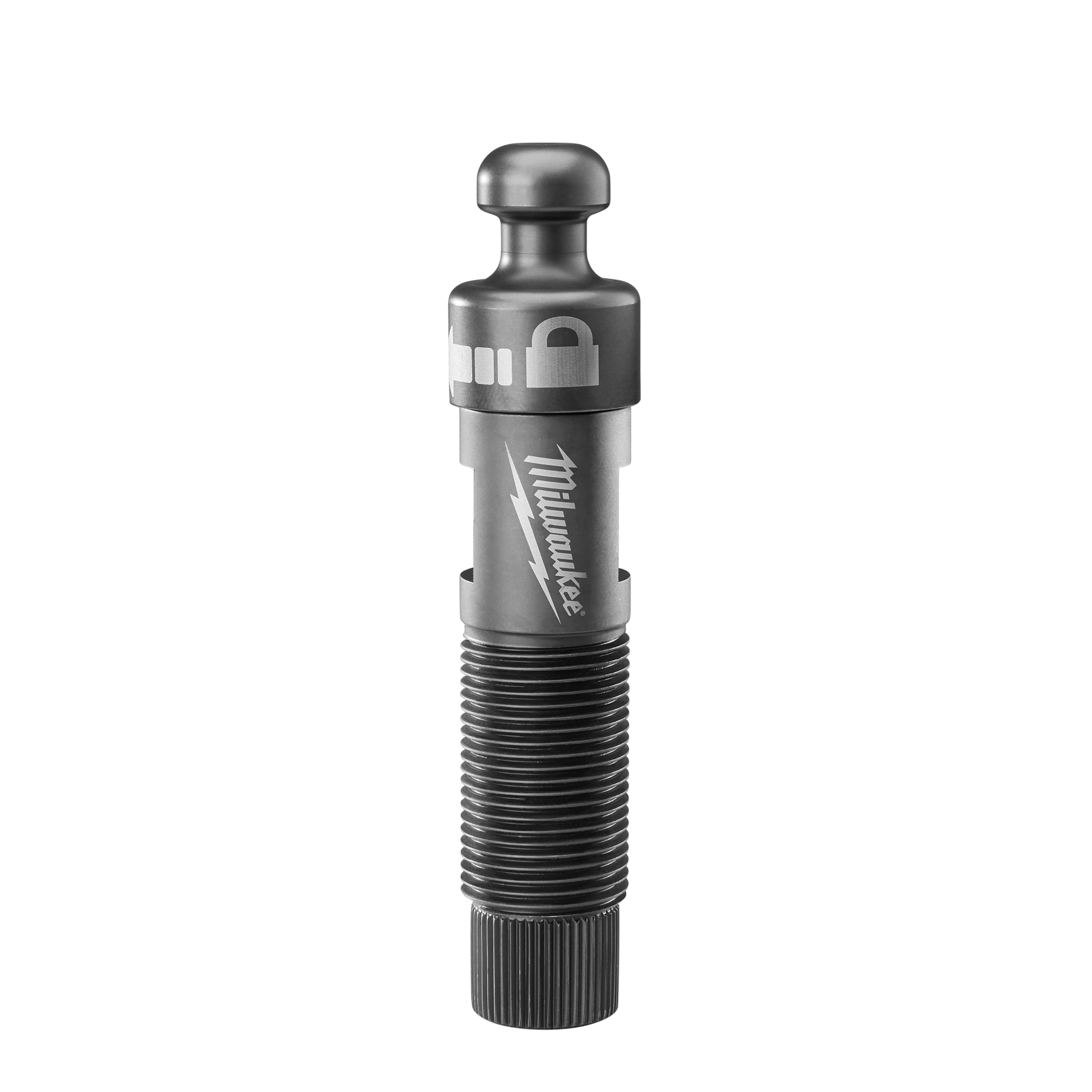 Milwaukee EXACT Rapid Reset 1-1/8" Draw Stud Set in black and silver with a threaded lower section and branded logo.