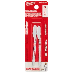 3" 12TPI T-Shank Multi-Material Bi-Metal Jig Saw Blades 5PK in red and white packaging, featuring two blades.
