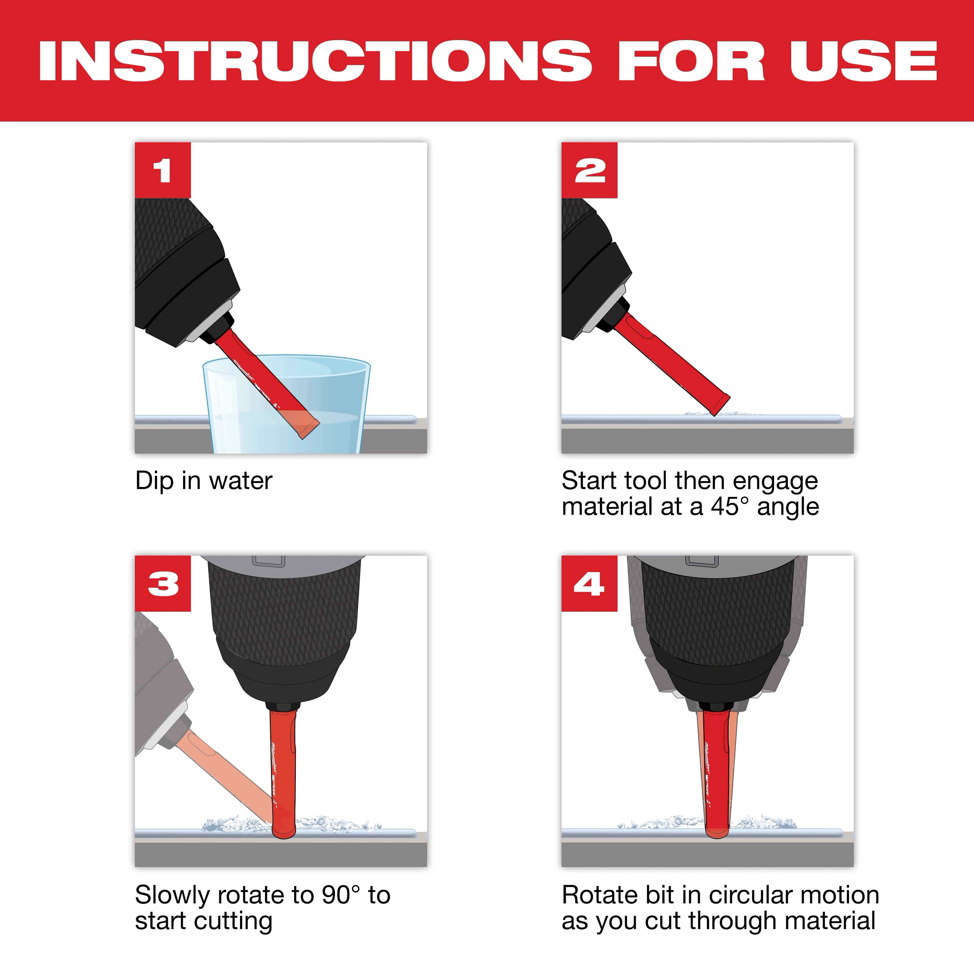 Instructions for using Diamond Max Hole Saw Bits: Dip in water, engage at a 45° angle, rotate to 90°, and cut using a circular motion.