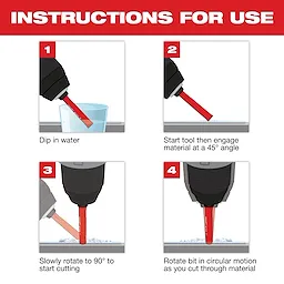 Instructions for using Diamond Max Hole Saw Bits: Dip in water, engage at a 45° angle, rotate to 90°, and cut using a circular motion.