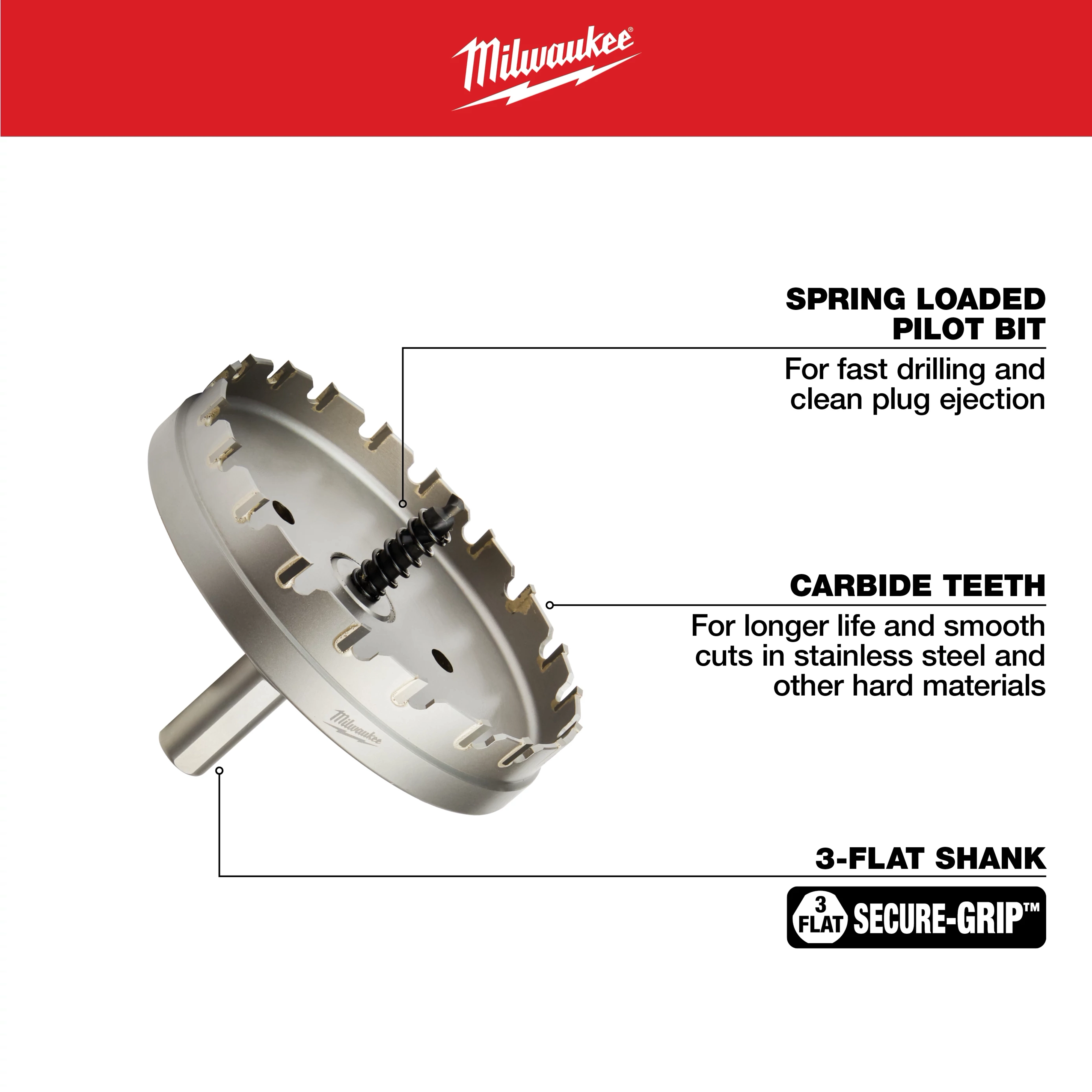 The 4 in. Carbide Hole Cutter (1-Pack) features a spring-loaded pilot bit for fast drilling and clean plug ejection, carbide teeth for smoother cuts and longer life in stainless steel and hard materials, and a 3-flat shank for secure grip during use.