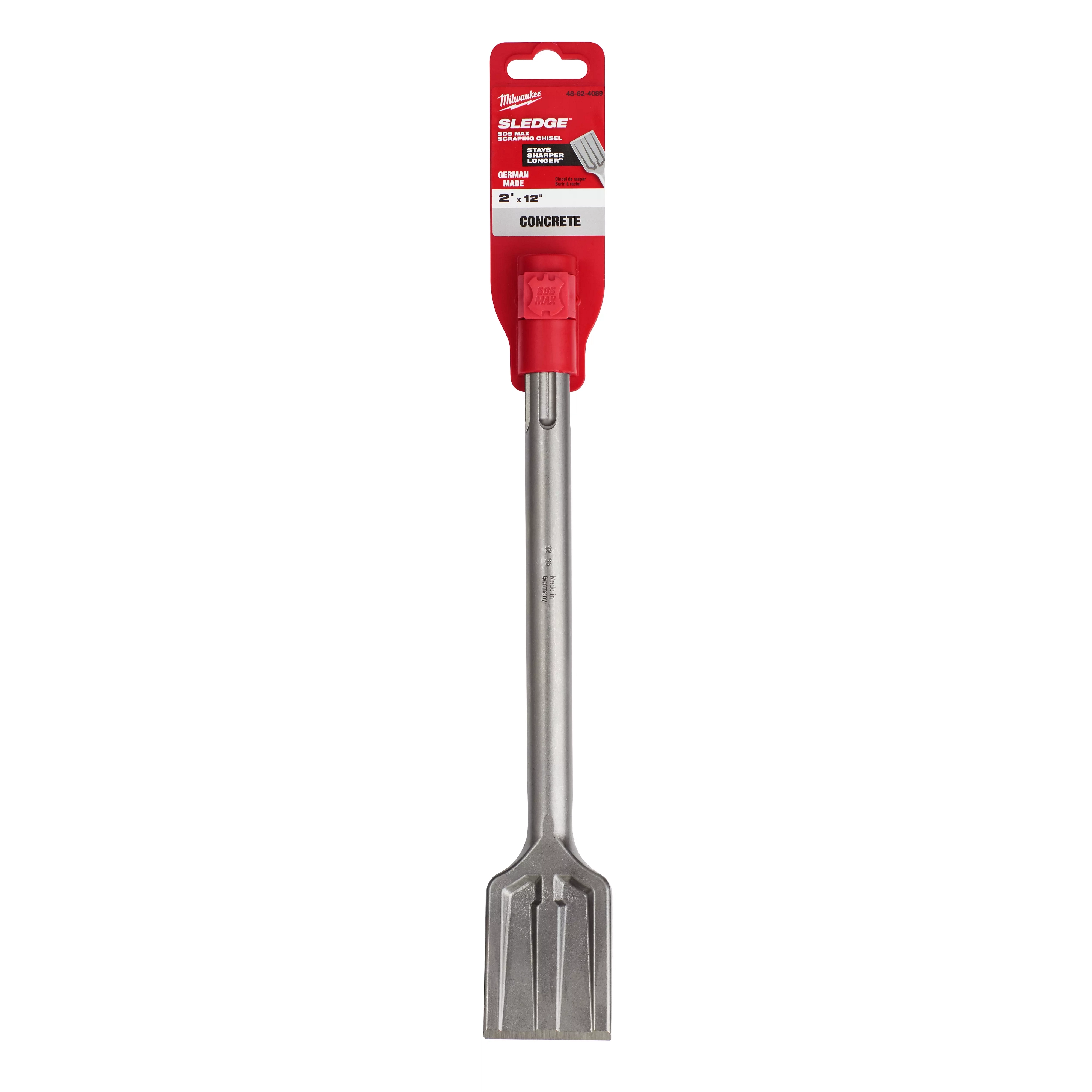 SDS-MAX SLEDGE Scraping Chisel for concrete. Long metallic chisel with broad, flat scraping blade, packaged in red and black.