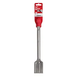 SDS-MAX SLEDGE Scraping Chisel for concrete. Long metallic chisel with broad, flat scraping blade, packaged in red and black.