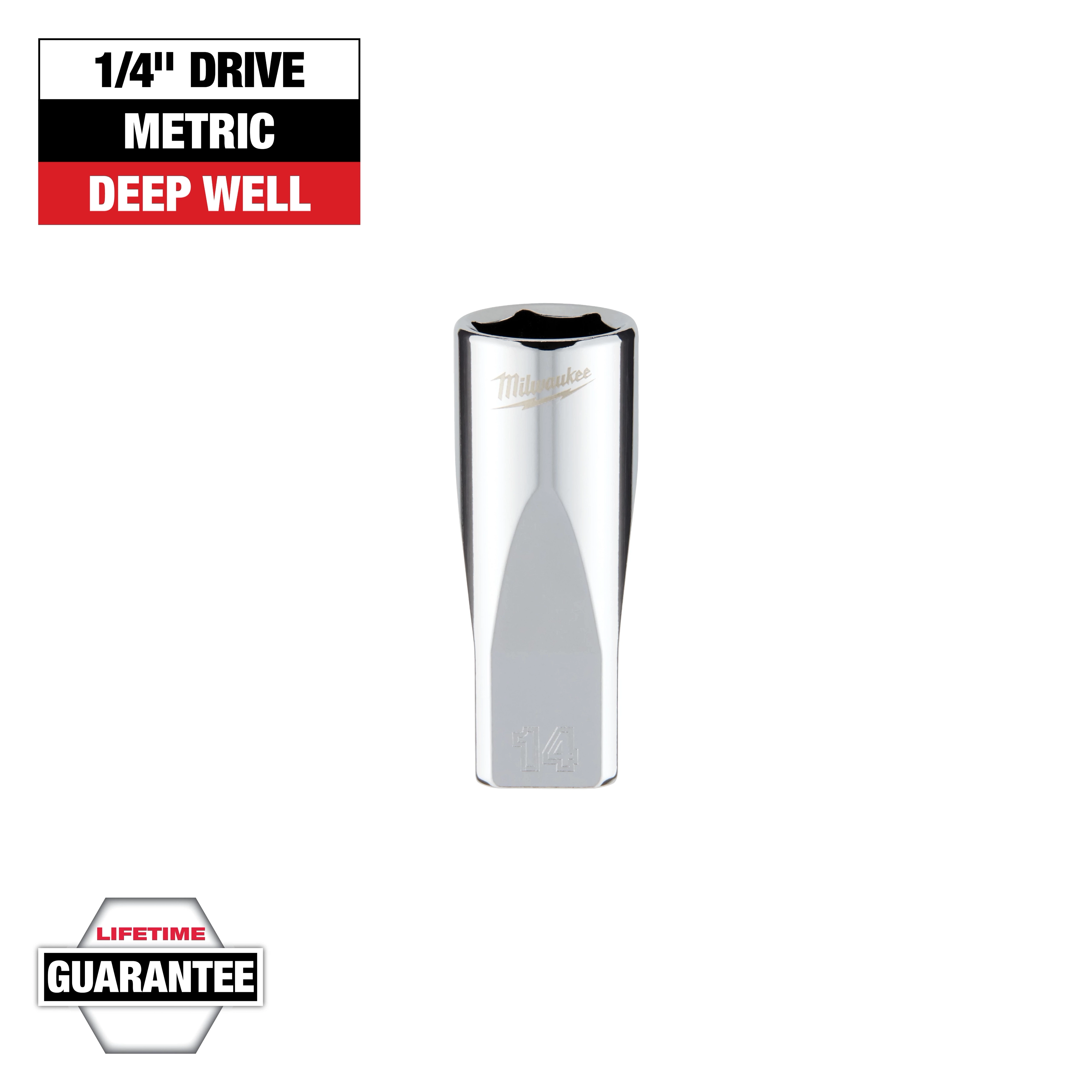 The image shows a 1/4" drive metric deep well socket from Milwaukee. It has a chrome finish and "14" is engraved at the base. The socket is accompanied by two labels: one indicating its specifications and another mentioning a lifetime guarantee.