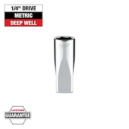 The image shows a 1/4" drive metric deep well socket from Milwaukee. It has a chrome finish and "14" is engraved at the base. The socket is accompanied by two labels: one indicating its specifications and another mentioning a lifetime guarantee.