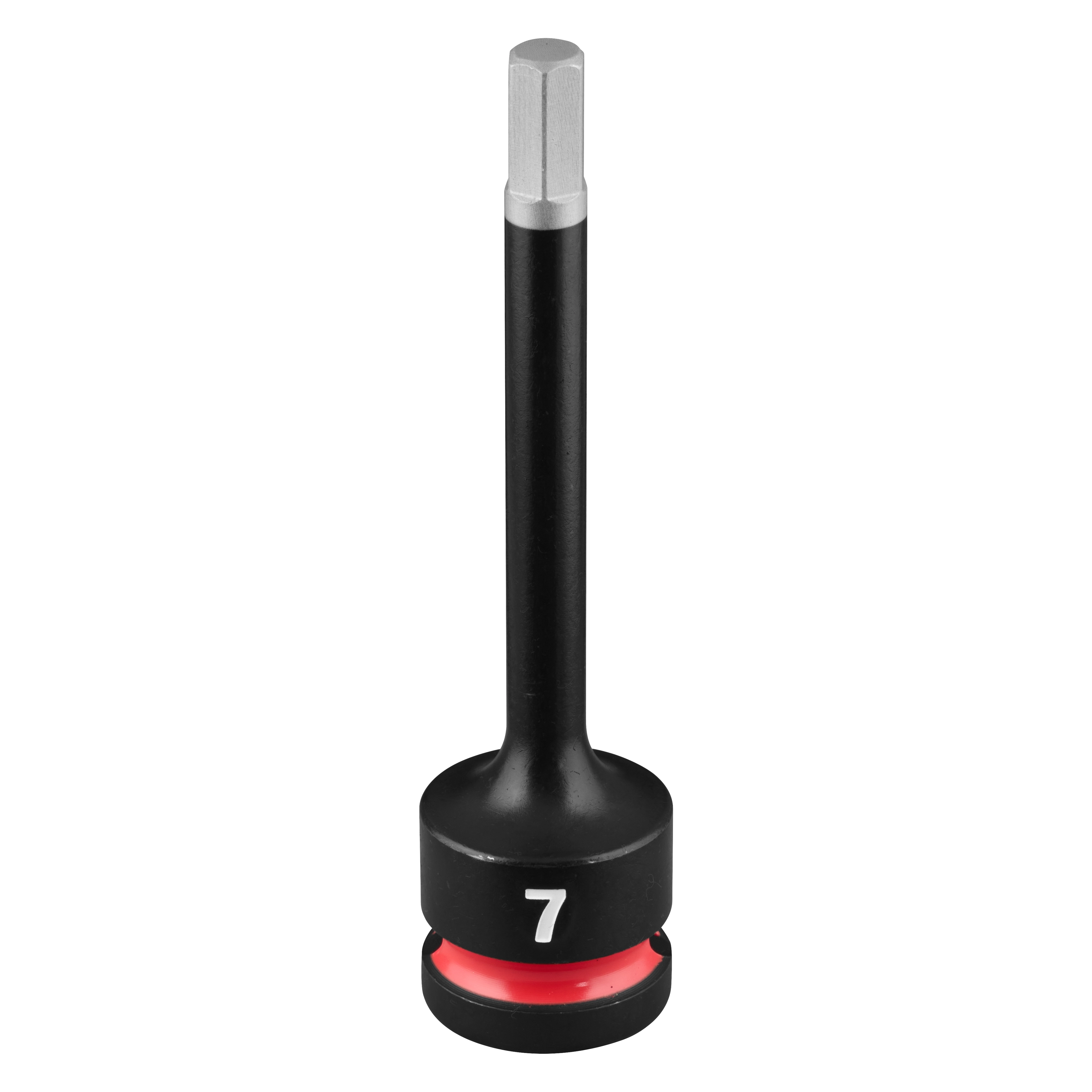 SHOCKWAVE Impact Duty 1/2" Drive 4" Hex 7mm Bit Socket standing upright on a plain background.