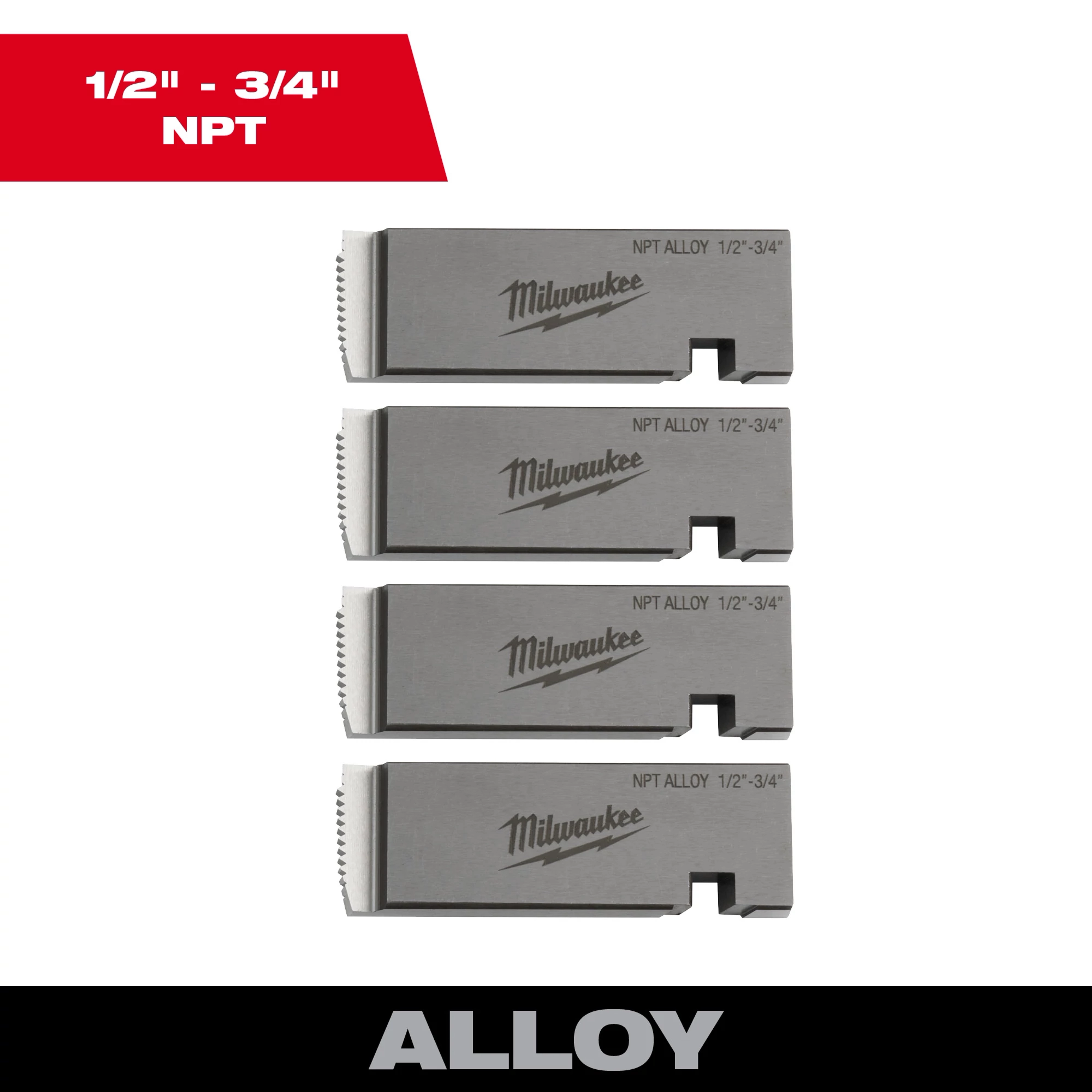 Universal Dies Image Reel featuring four metallic NPT alloy dies for 1/2 inch to 3/4 inch threads, branded with Milwaukee logo.