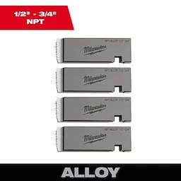 Universal Dies Image Reel featuring four metallic NPT alloy dies for 1/2 inch to 3/4 inch threads, branded with Milwaukee logo.