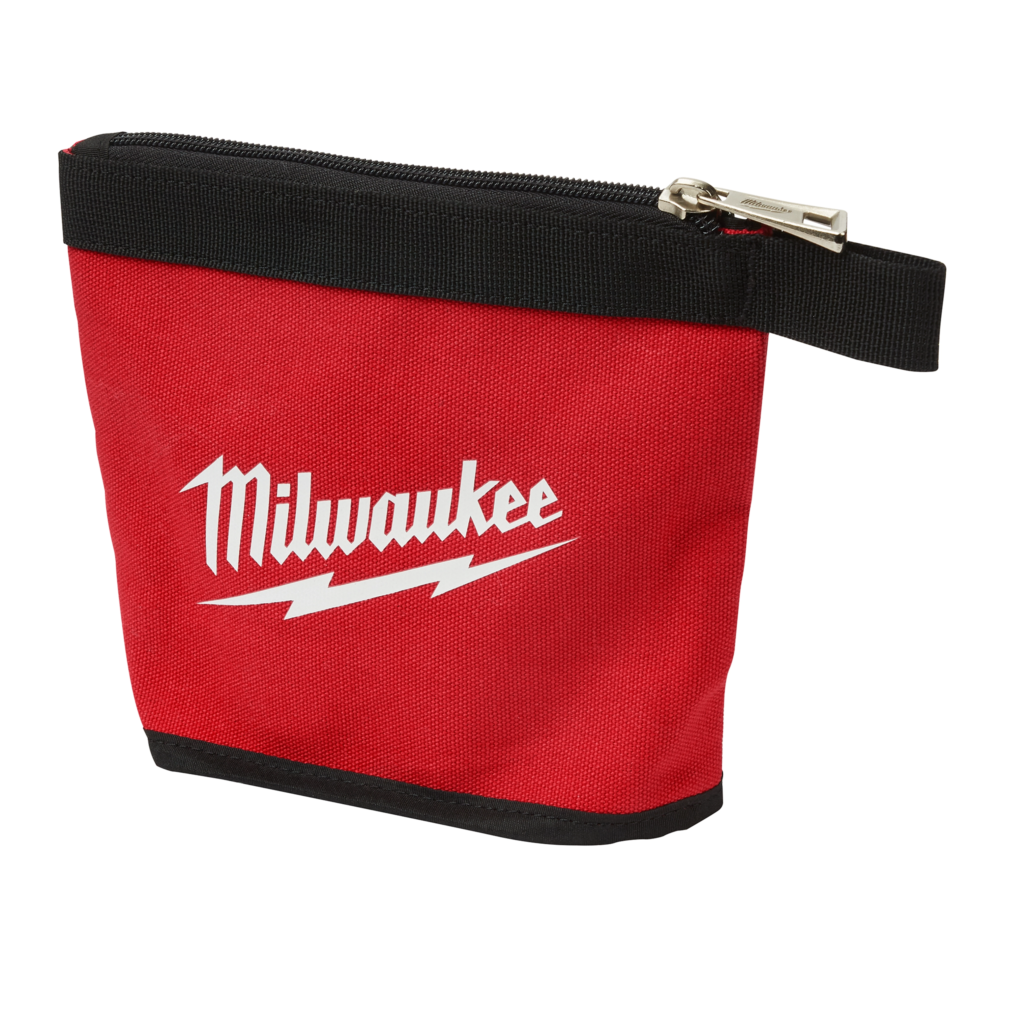 The image features one of the 3PC Multi-Size Zipper Pouches. It is red with a black zipper and trim, displaying the "Milwaukee" logo in white.