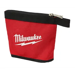 The image features one of the 3PC Multi-Size Zipper Pouches. It is red with a black zipper and trim, displaying the "Milwaukee" logo in white.