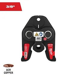 This image shows a Milwaukee 3/8-inch opening tool jaw designed for ACR copper pipes. The black and red tool has RLS branding, safety warning symbols, and a circular opening at the top. A coiled copper pipe icon labeled "ACR Copper" is in the bottom left corner.