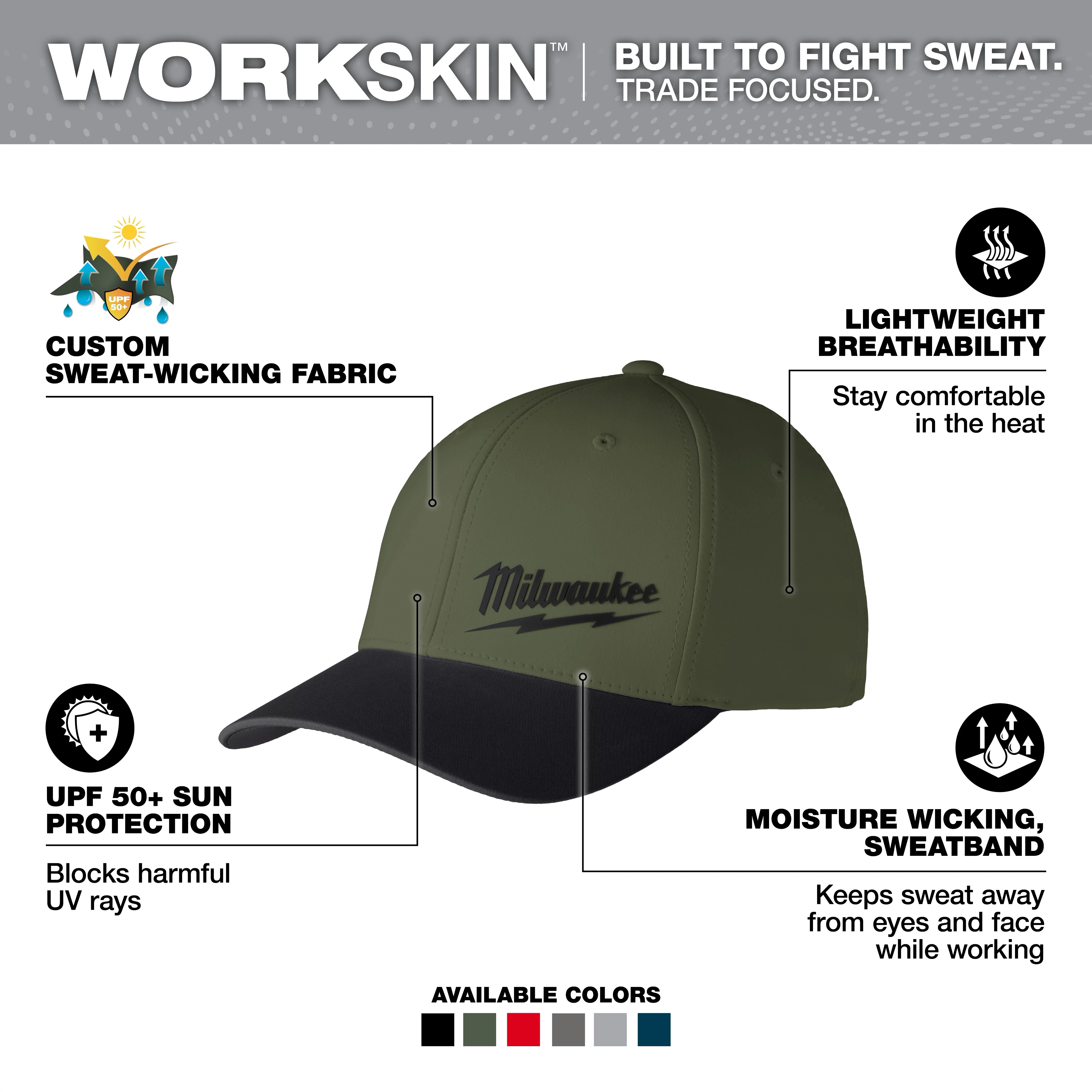 The WORKSKIN Performance Fitted Hat features custom sweat-wicking fabric, lightweight breathability, UPF 50+ sun protection, and is available in six colors.