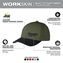 The WORKSKIN Performance Fitted Hat features custom sweat-wicking fabric, lightweight breathability, UPF 50+ sun protection, and is available in six colors.