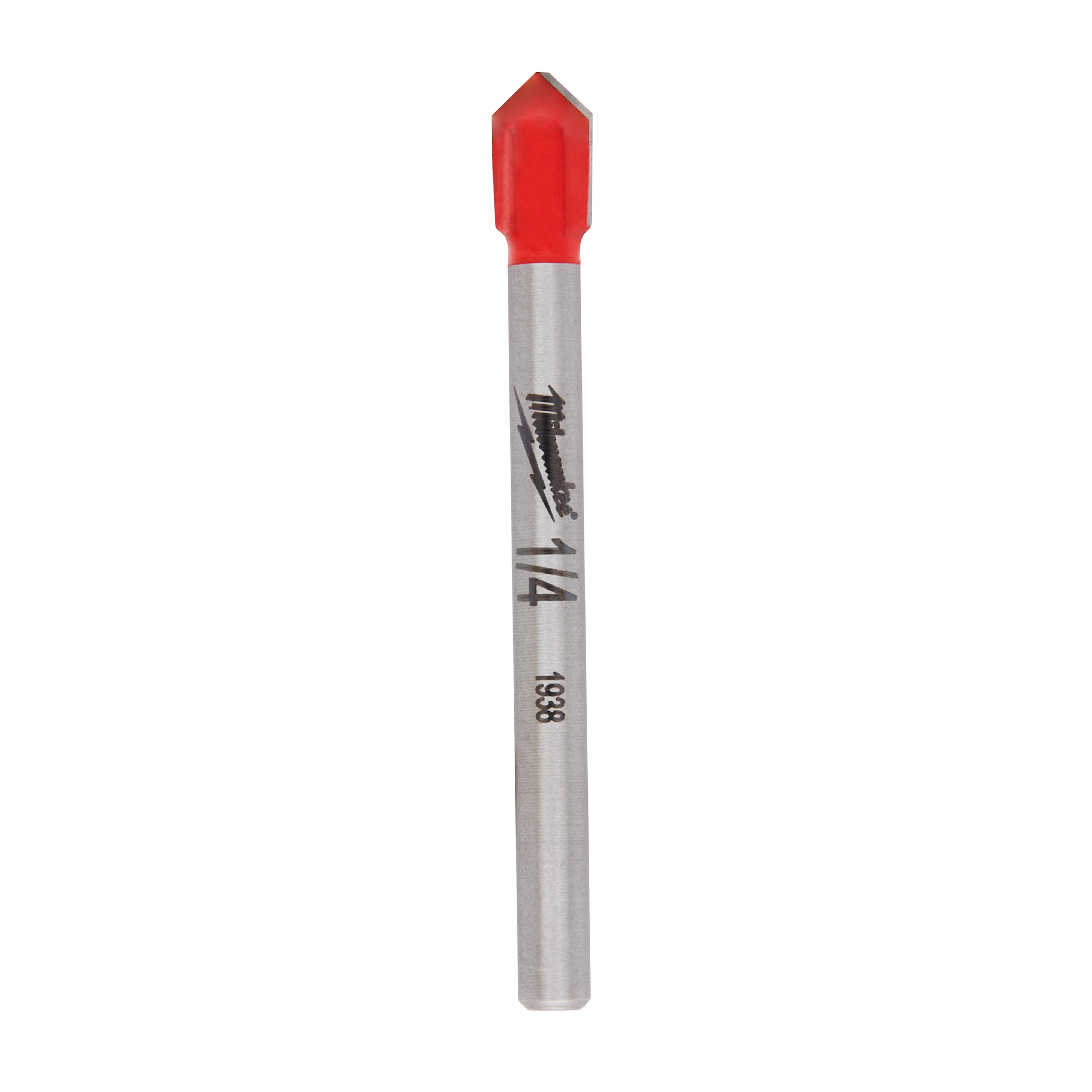 1/4" Glass and Tile Bit with red tip, silver shaft, and manufacturer's logo, designed for precise drilling in glass and tile surfaces.
