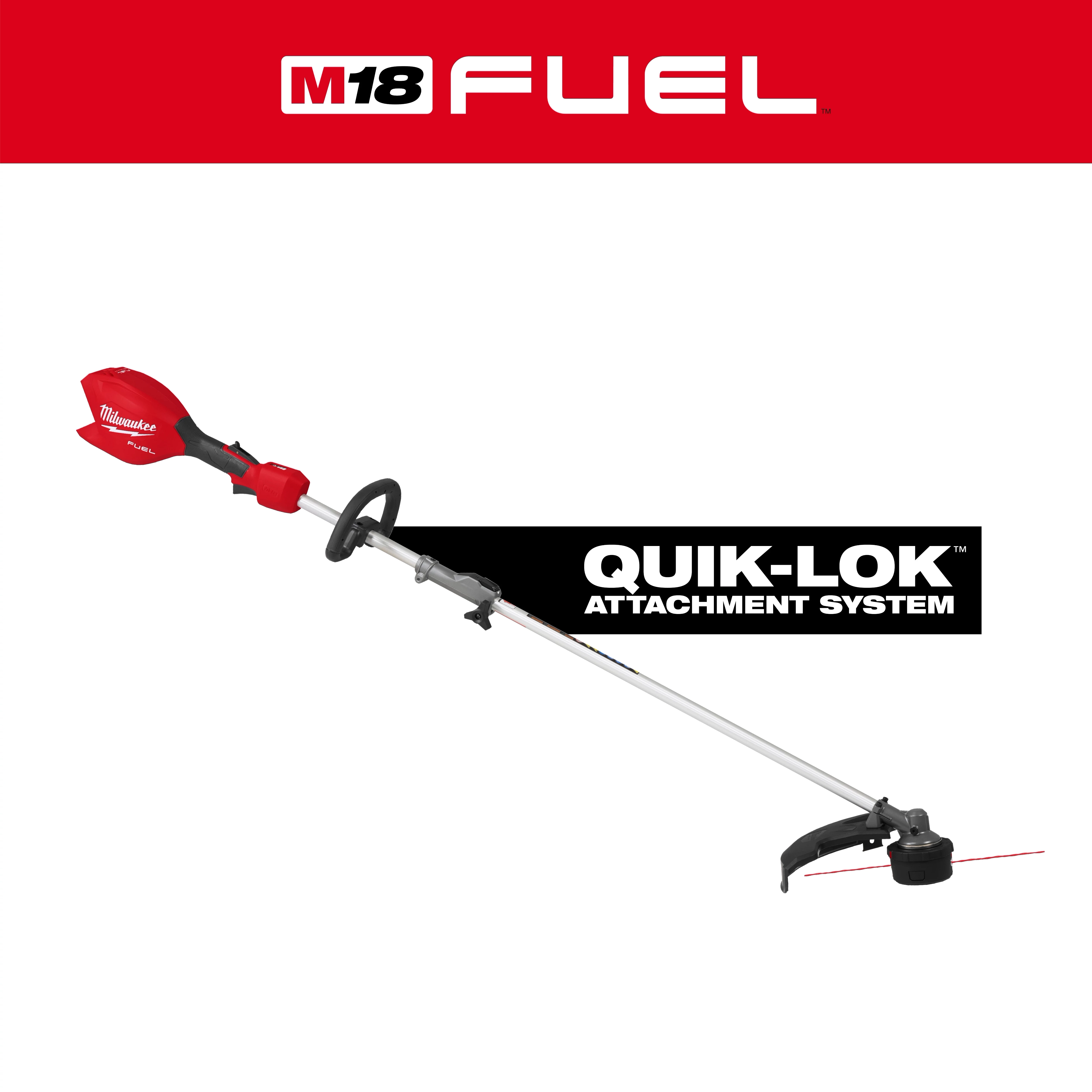M18 FUEL QUIK-LOK 16” String Trimmer displayed diagonally with attachment system text in the center.