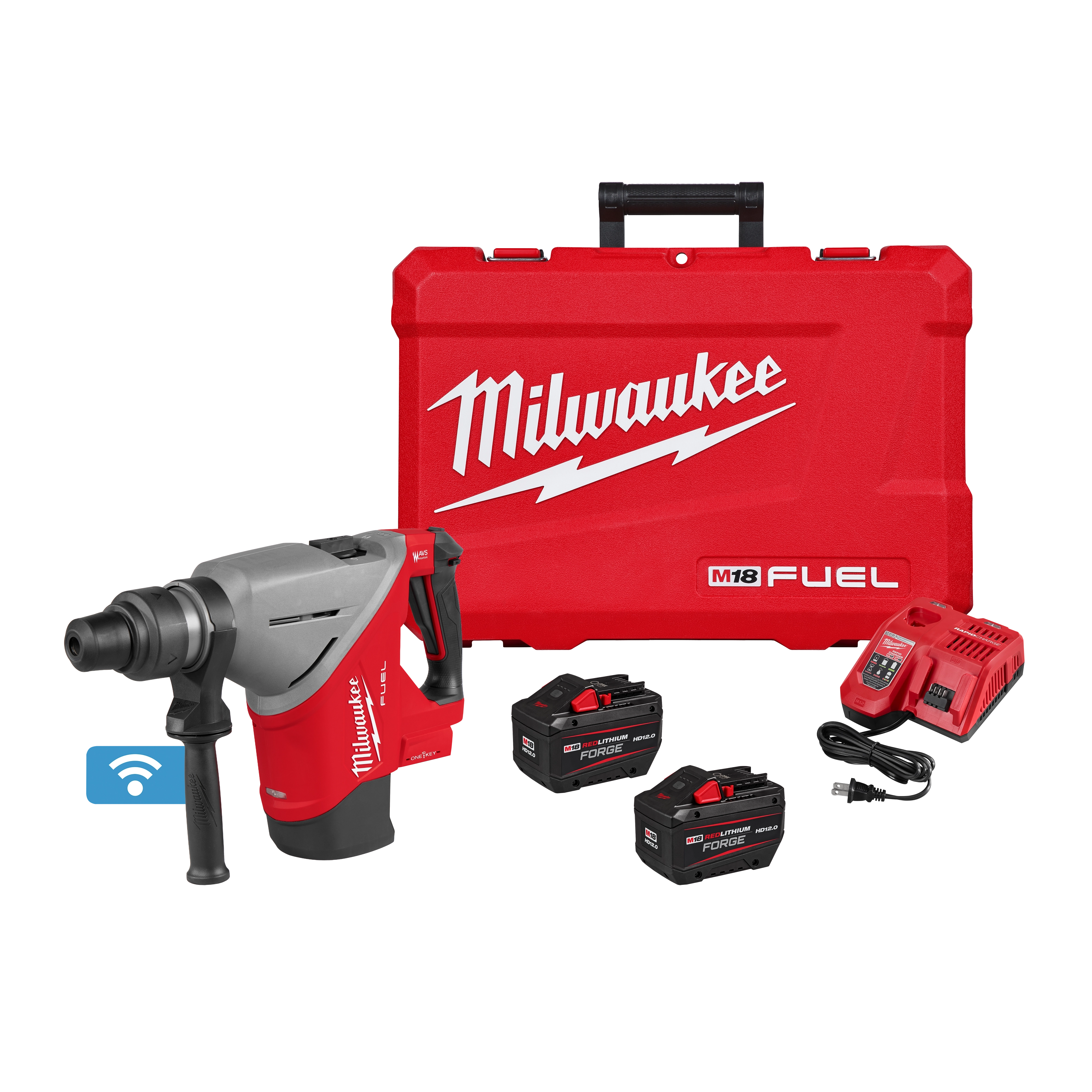 Milwaukee M18 FUEL(tm) 1-3/4" SDS MAX Rotary Hammer w/ONE-KEY includes a red and silver hammer drill, two black and red batteries, a battery charger, and a red carrying case with a handle. The case and hammer feature the Milwaukee logo, and a Wi-Fi symbol indicates ONE-KEY technology.